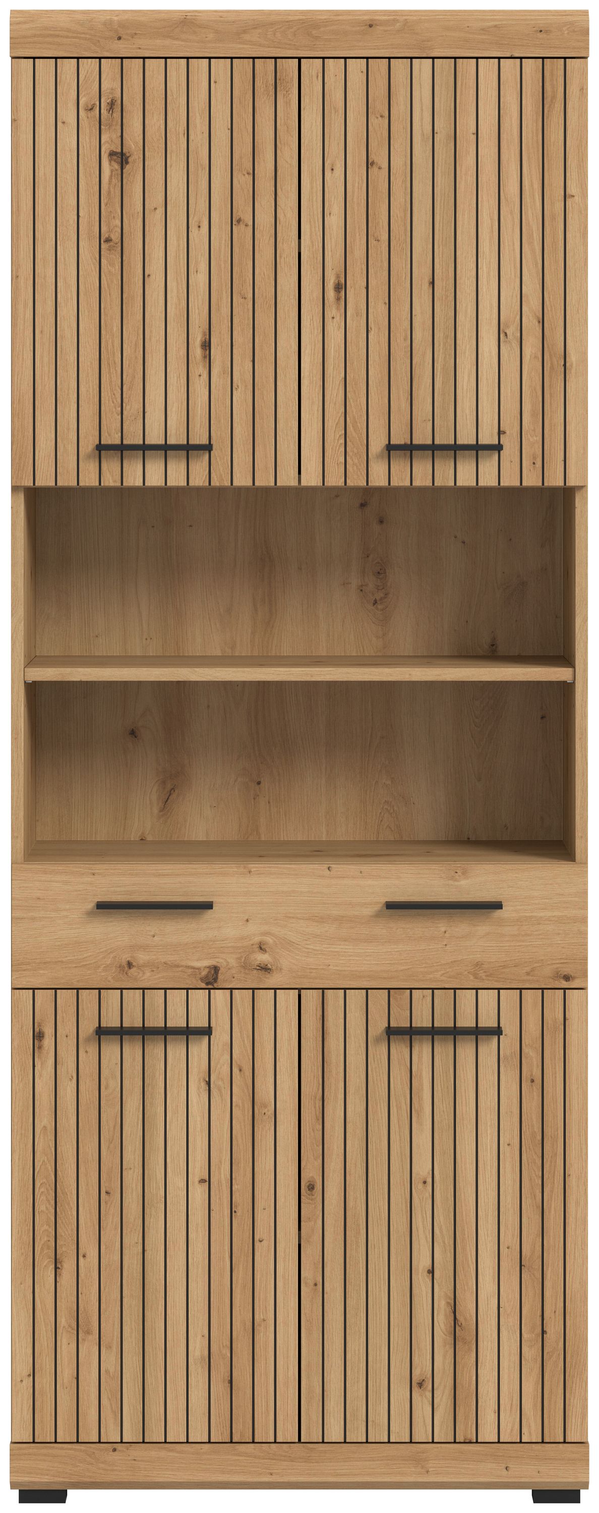 Badhochschrank mit offenen Fächern in Holzoptik, Front mit Türen und zwei Schubladen