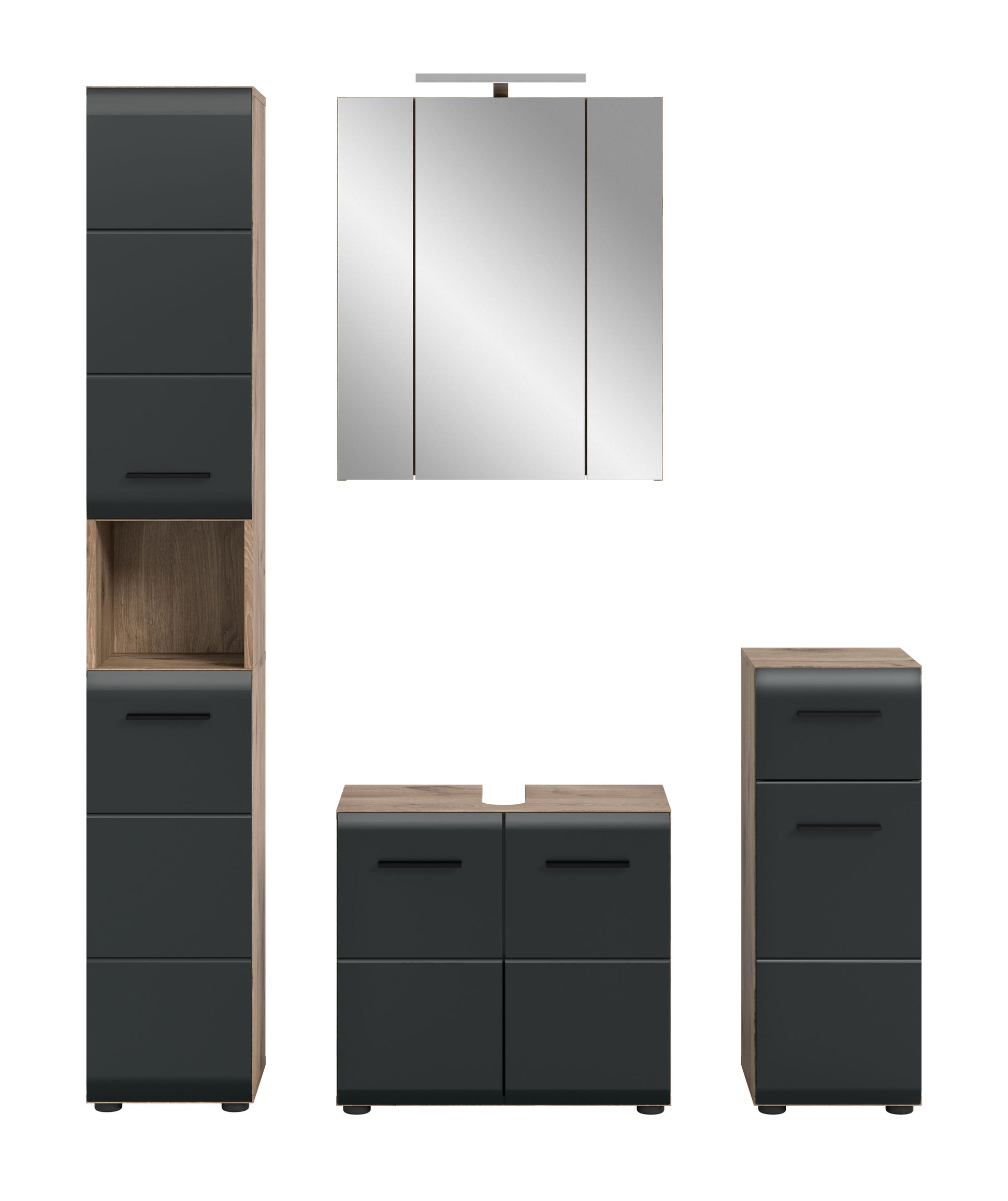 Badmöbel-Set mit dunkelgrauen Fronten und Holzoptik: Spiegelschrank, Waschtisch und Hochschrank