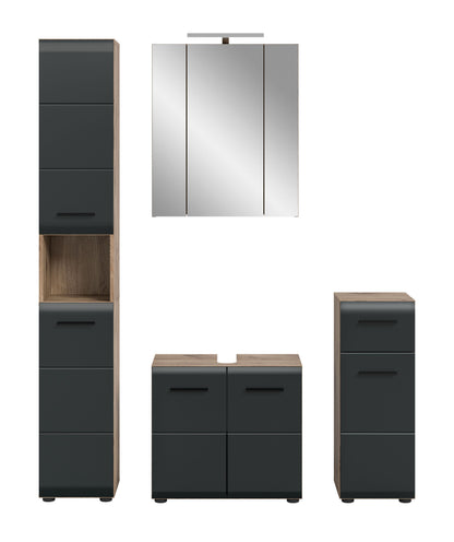 Badmöbel-Set mit dunkelgrauen Fronten und Holzoptik: Spiegelschrank, Waschtisch und Hochschrank