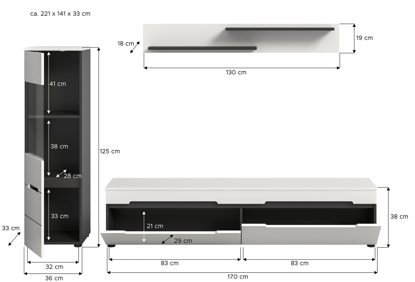 Wohnwand-Set mit Lowboard und Vitrinenschrank, Frontansicht mit Maßangaben