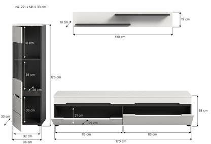 Wohnwand-Set mit Lowboard und Vitrinenschrank, Frontansicht mit Maßangaben