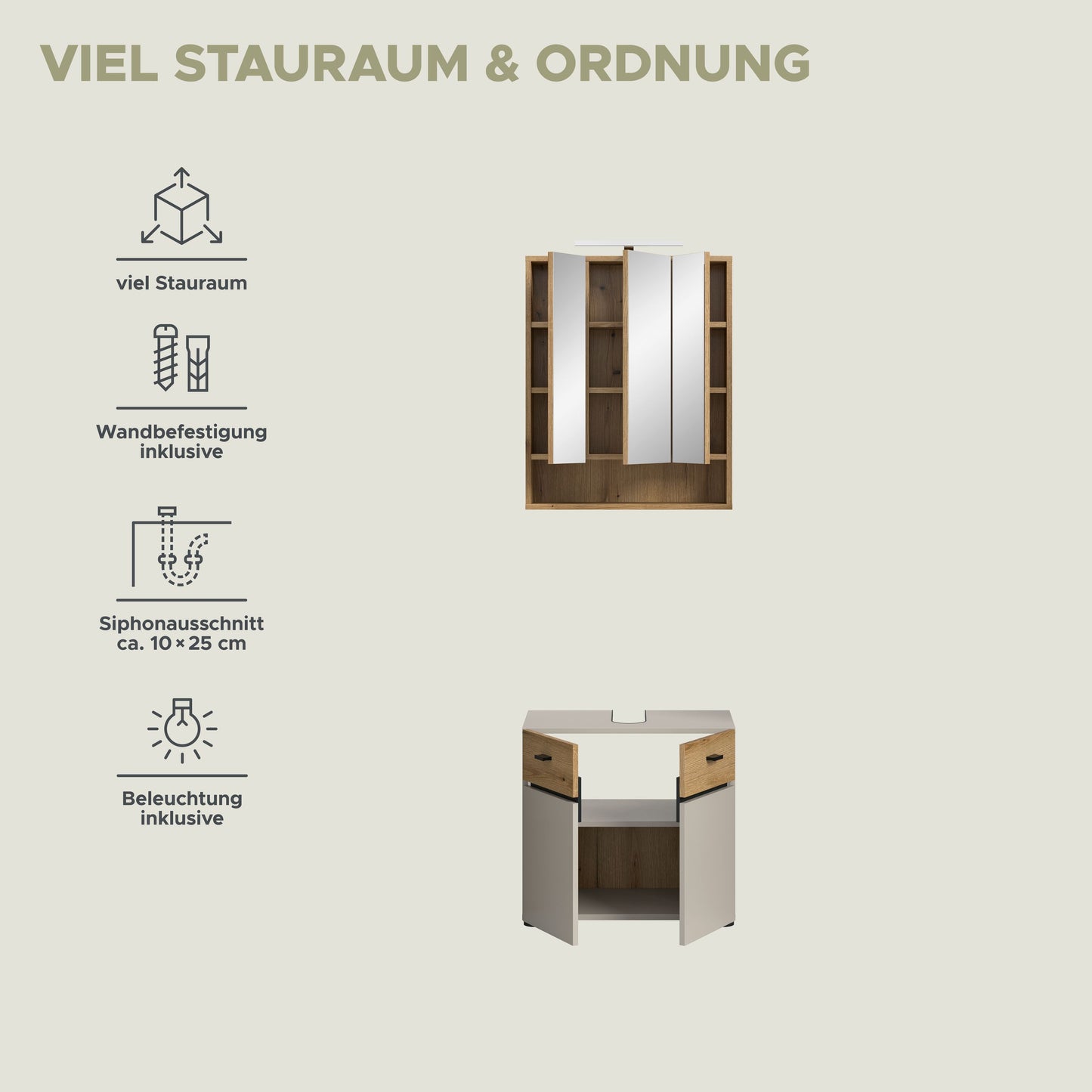 Homes & Jones Badmöbel Set 2-tlg. mit Badspiegelschrank inkl. Beleuchtung