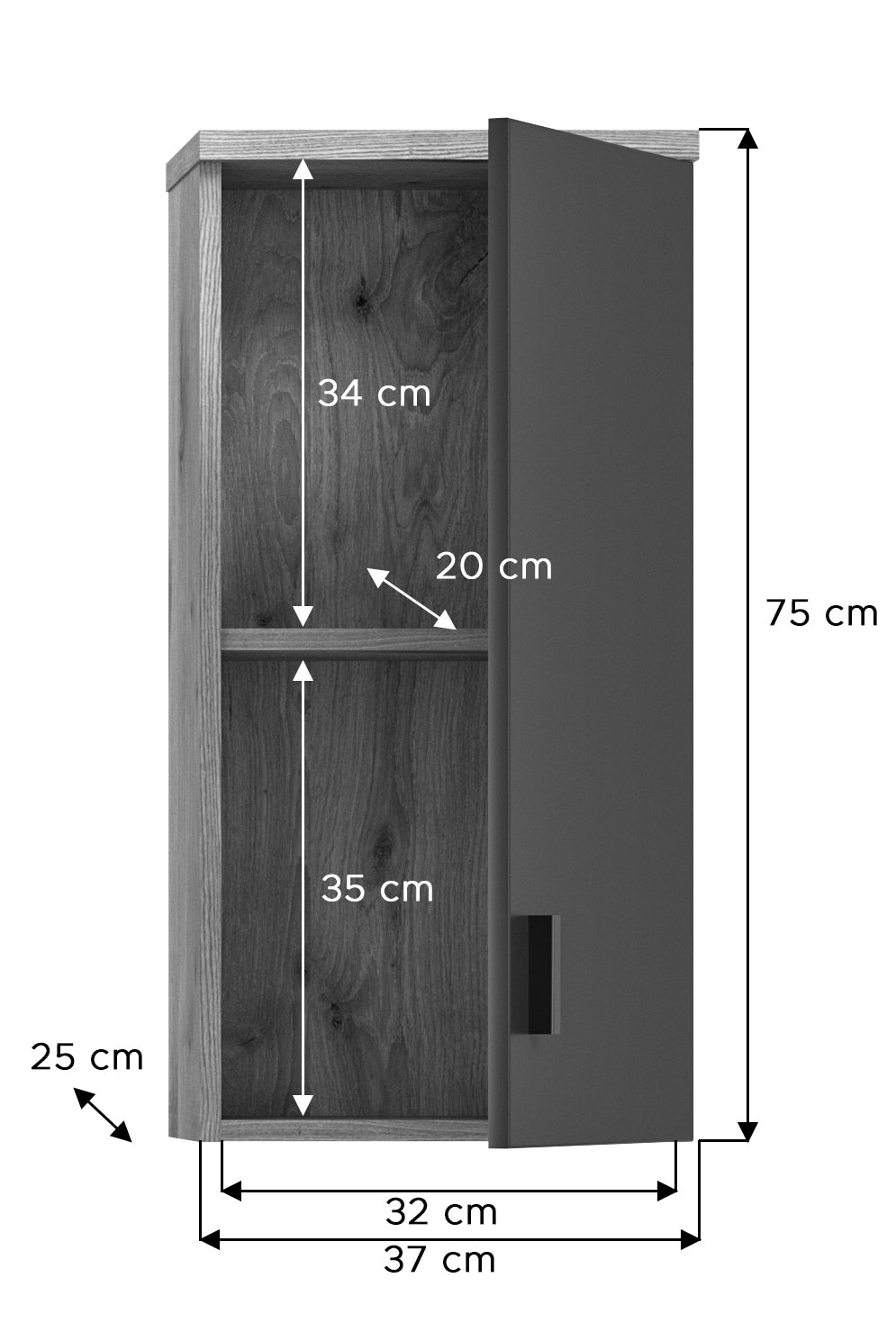 Badhängeschrank mit Maßen 75×37×25 cm, Innenfächer hinter dunkelgrauer Tür