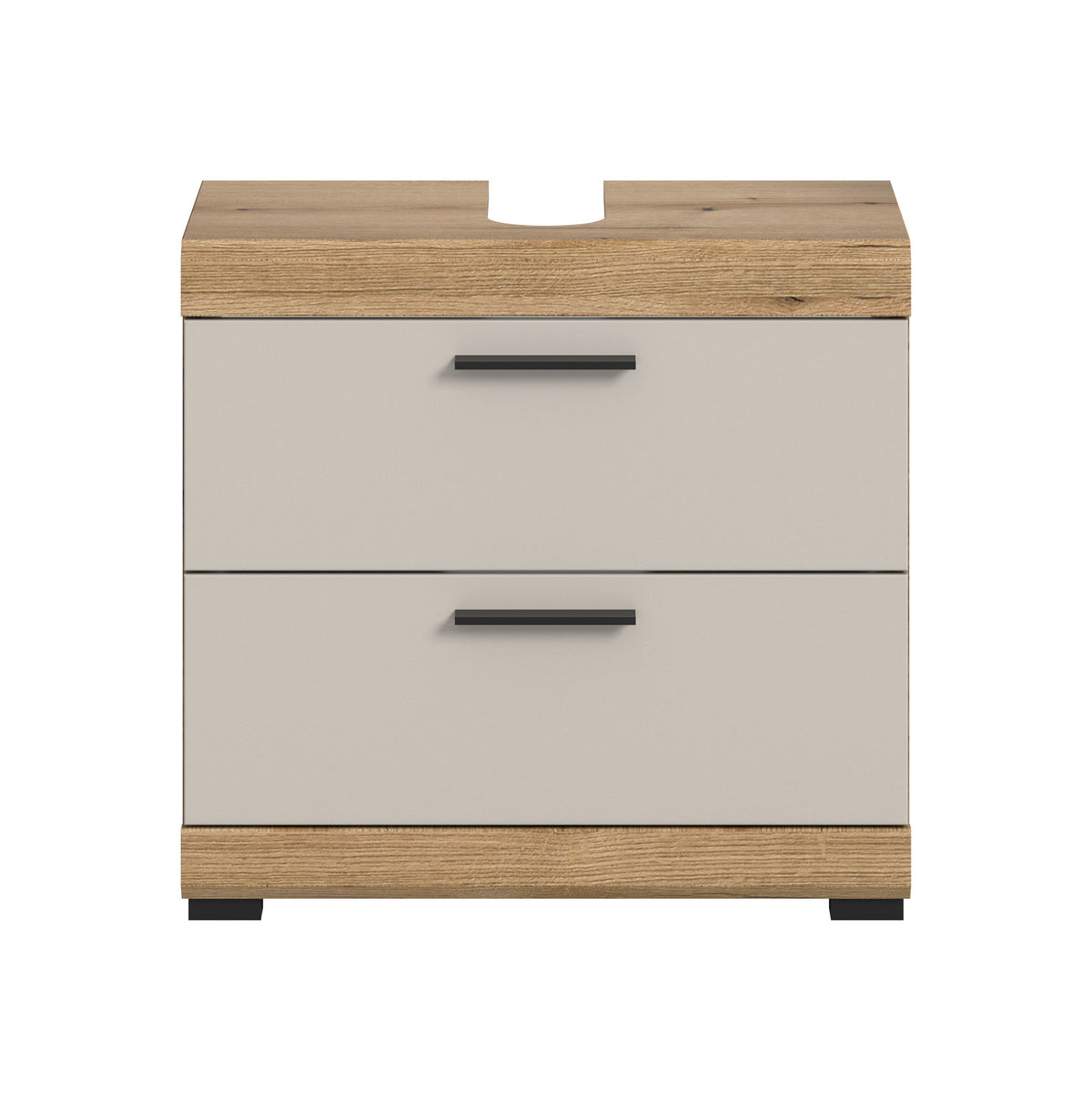 Waschbeckenunterschrank 60 cm mit zwei weißen Schubfächern, schwarzen Griffen und Holzoberteil