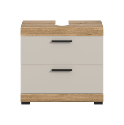Waschbeckenunterschrank 60 cm mit zwei weißen Schubfächern, schwarzen Griffen und Holzoberteil