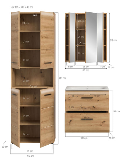 Badmöbel-Set mit Maßangaben: Spiegelschrank, Hochschrank und Waschtisch
