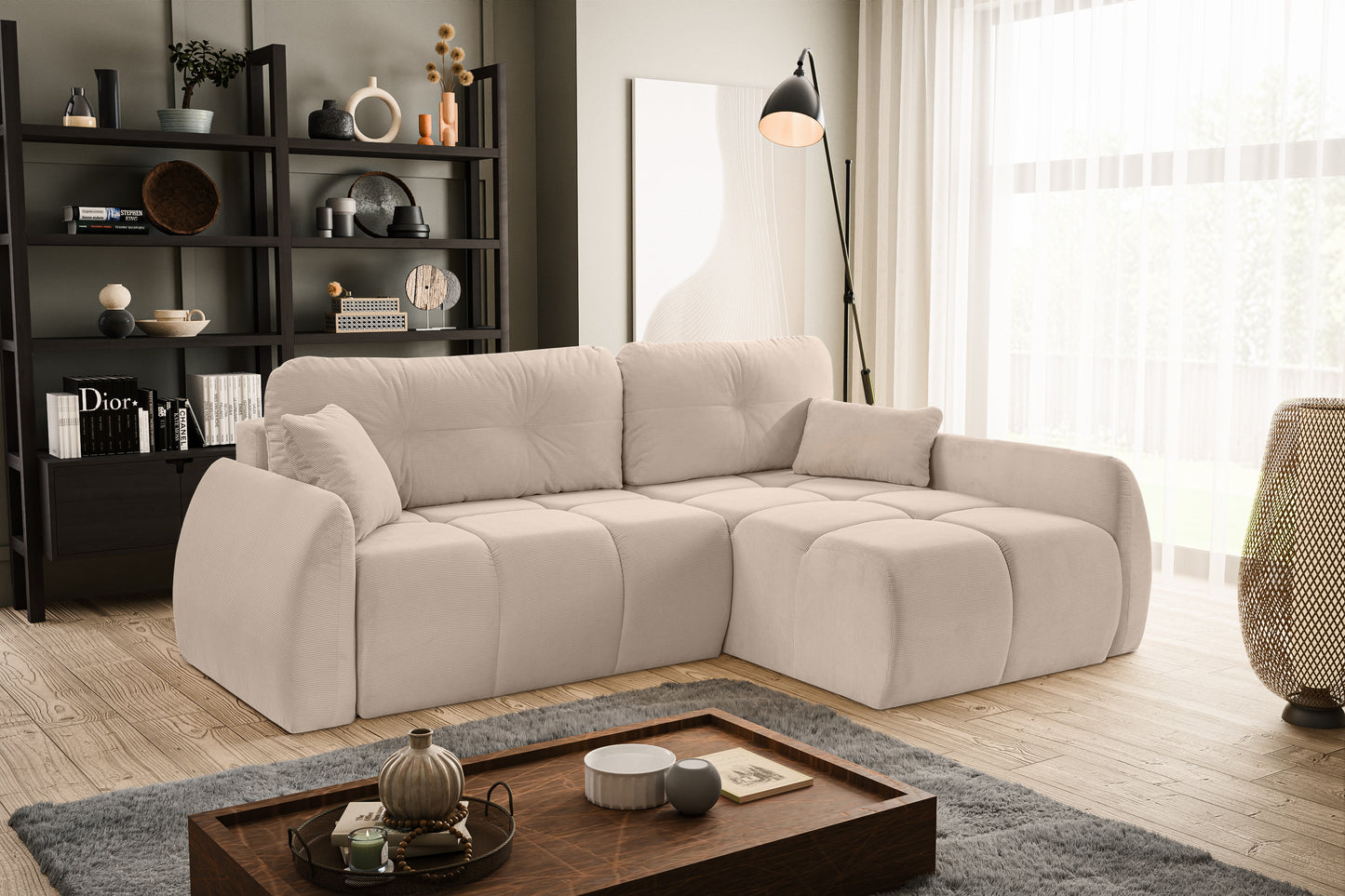 Canapé convertible d'angle Sancho Long – Canapé d'angle tendance en velours côtelé avec fonction couchage