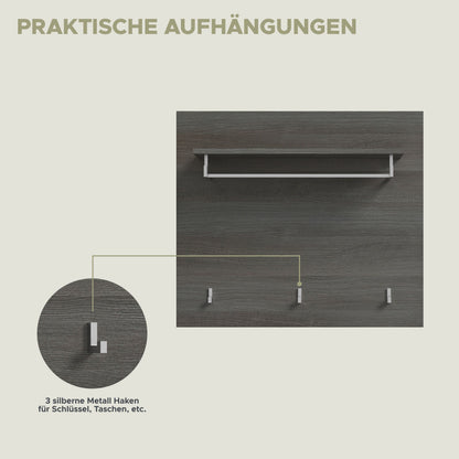 Garderobenpaneel mit Hutablage und 3 silbernen Metallhaken, dunkelgraue Holzoptik
