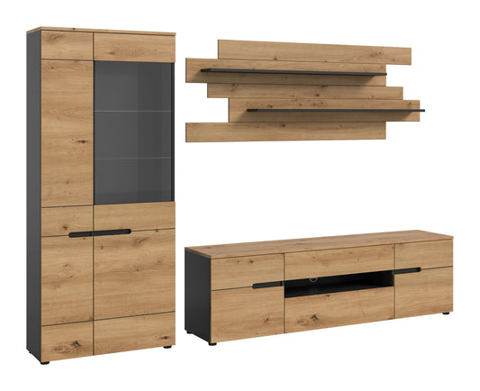 Anbau-Wohnwand mit Vitrine, Lowboard und Wandregalen; Holzdekor, dunkle Front