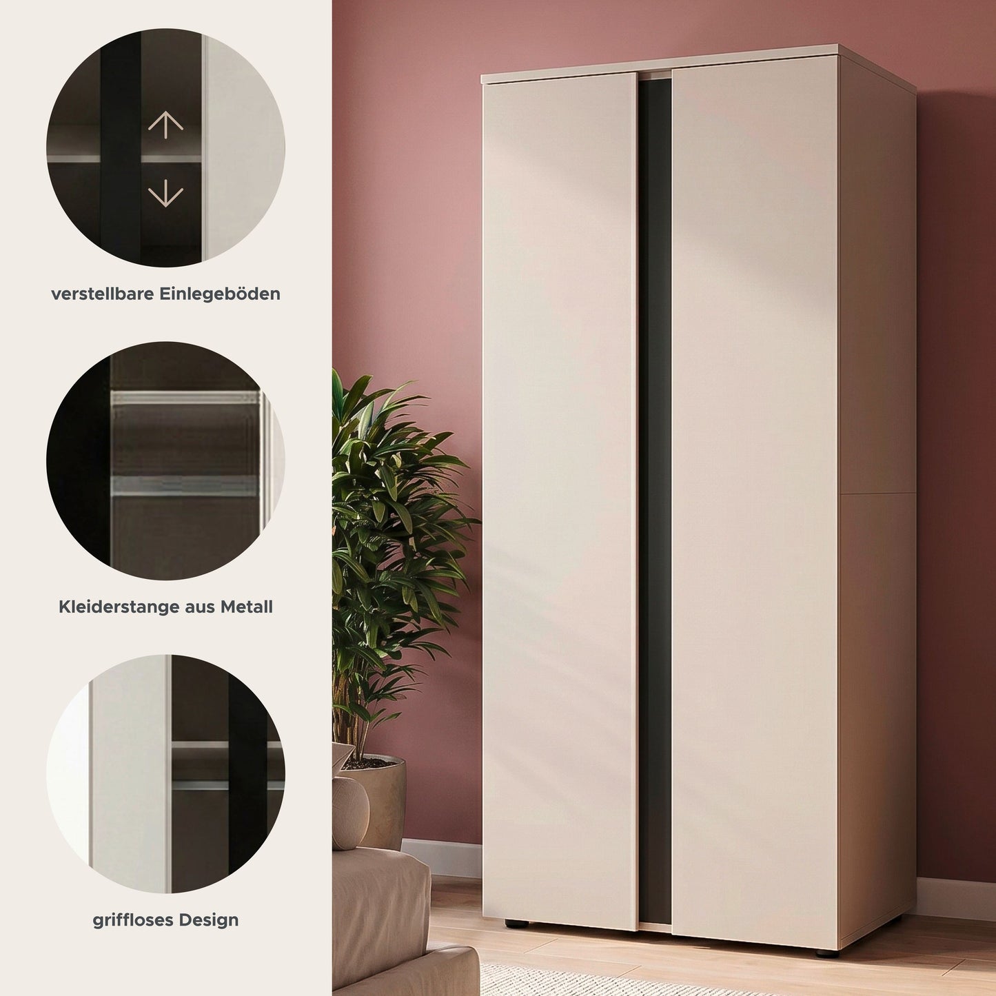 Amara Kleiderschrank 2-türig (B/H/T: 79x184x52 cm) in Kaschmir