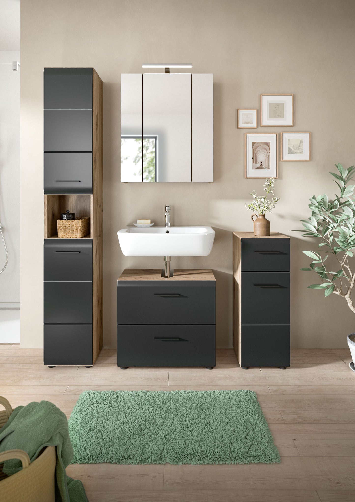 Badmöbel-Set 5-tlg. mit Waschtisch, Spiegelschrank und Hochschränken, Holzoptik/graue Fronten im Bad