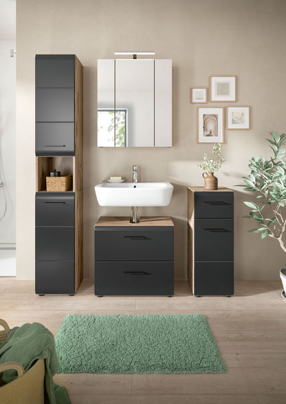 Badmöbel-Set 5-tlg. mit Waschtisch, Spiegelschrank und Hochschränken, Holzoptik/graue Fronten im Bad