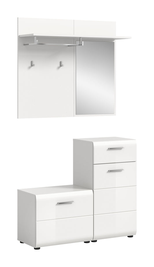 Garderobe mit Spiegel und weißer Hochglanz-Front, Schrankfächer und Kleiderstangen