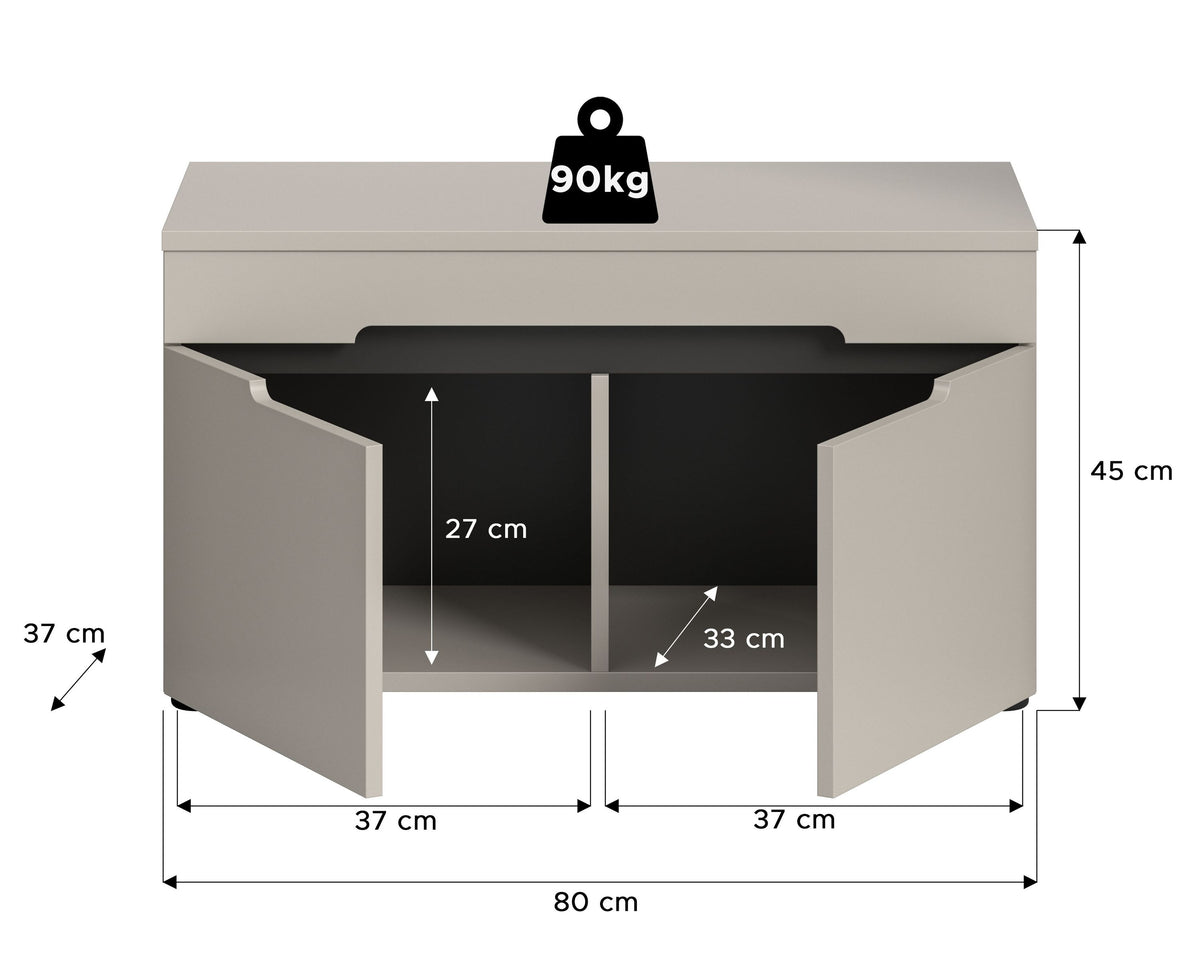 Garderoben-Sitzbank, Maße 80×45×37 cm, bis 90 kg, geöffnet und innen unterteilt