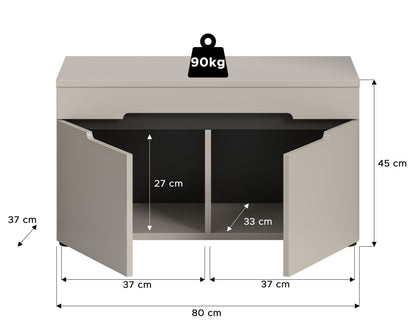 Garderoben-Sitzbank, Maße 80×45×37 cm, bis 90 kg, geöffnet und innen unterteilt