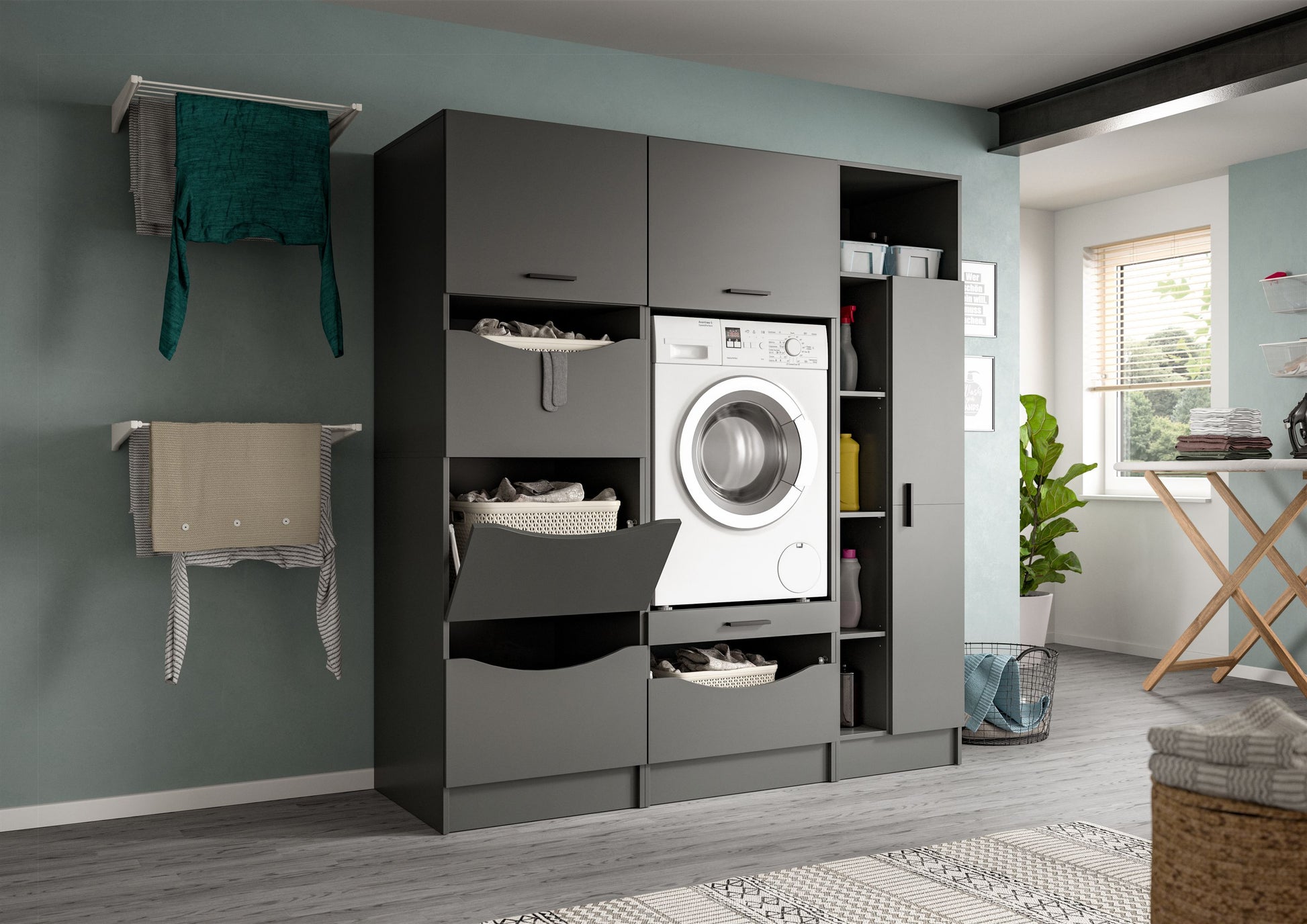 Waschmaschinenschrank-Set in Grau mit offener Front und integrierter Waschmaschine