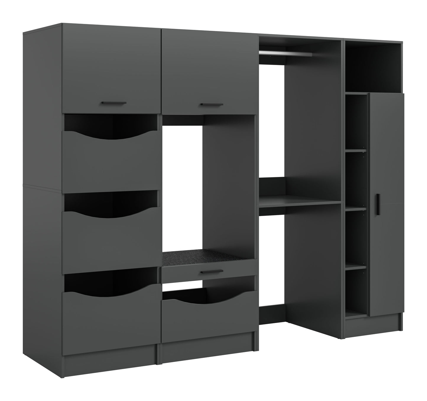 Waschmaschinenschrank-Set in Grau mit offenen Türen, Fächern, Schubladen und 3 Wäscheboxen