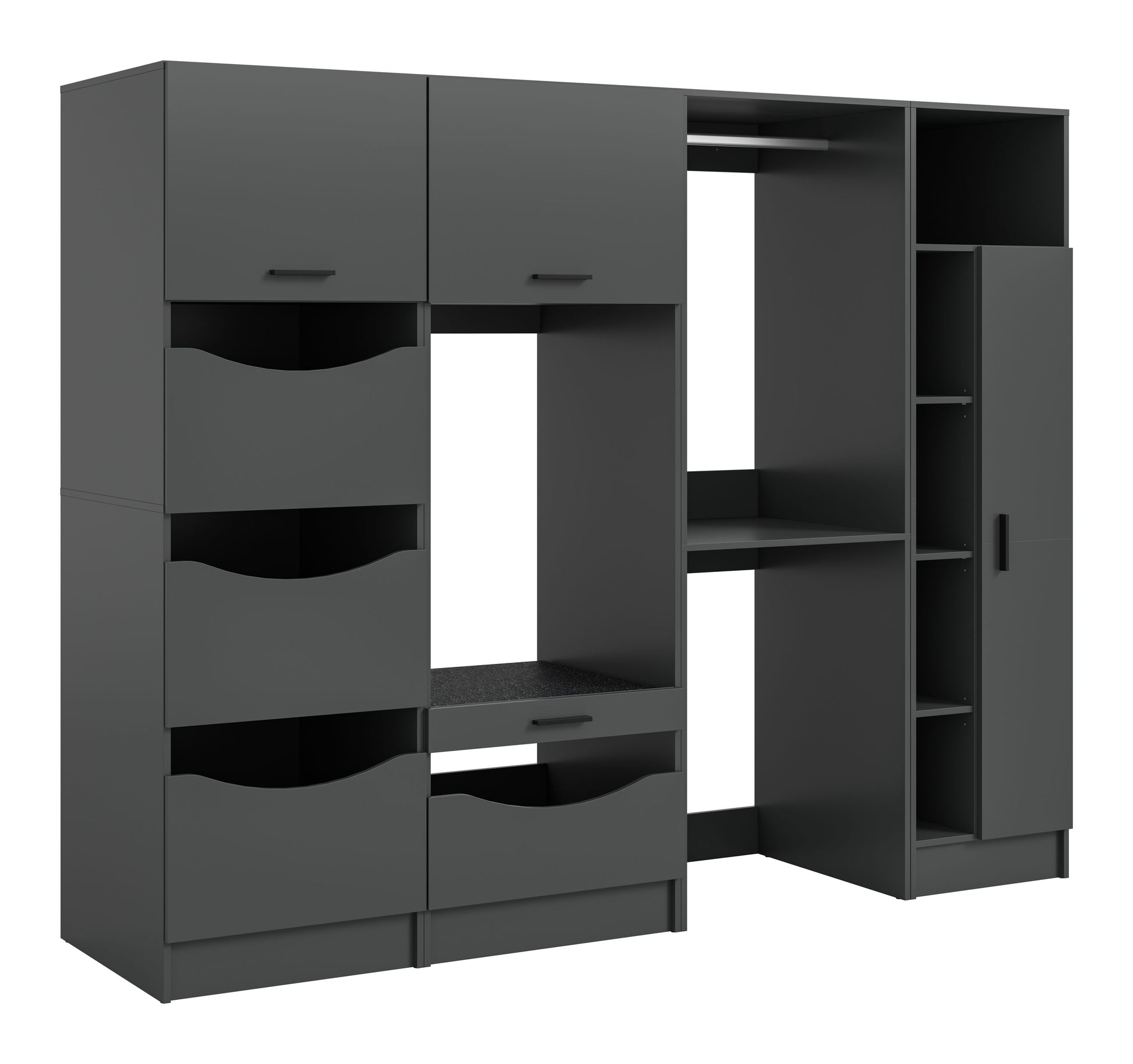 Waschmaschinenschrank-Set in Grau mit offenen Türen, Fächern, Schubladen und 3 Wäscheboxen