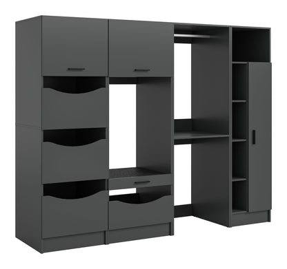 Waschmaschinenschrank-Set in Grau mit offenen Türen, Fächern, Schubladen und 3 Wäscheboxen