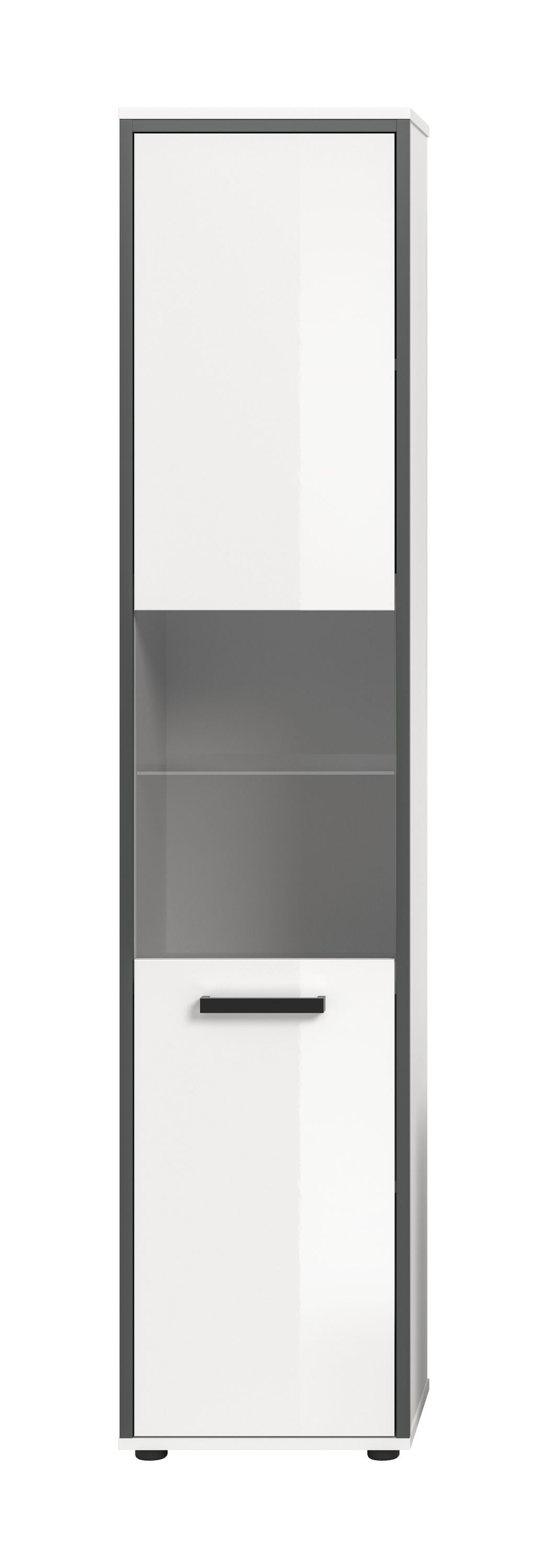 Badhochschrank mit weißer Hochglanz-Front, dunkelgrauem Innenfach und Griffschublade