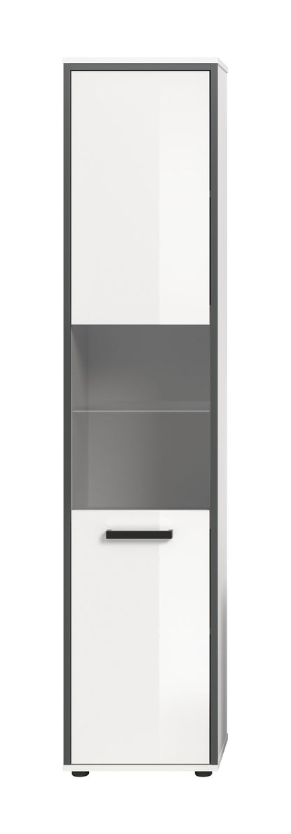 Badhochschrank mit weißer Hochglanz-Front, dunkelgrauem Innenfach und Griffschublade
