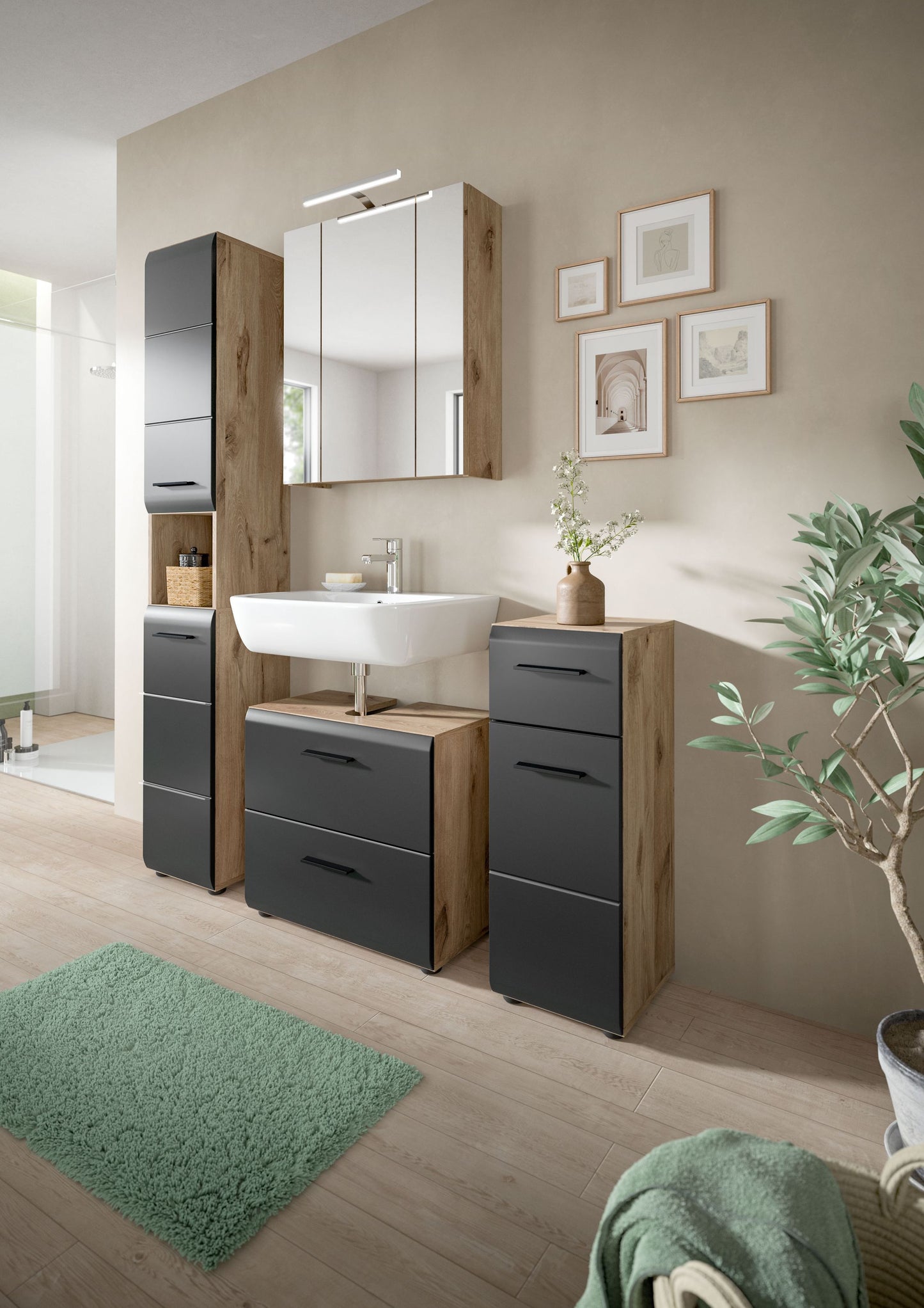 Armoire de toilette avec éclairage ICE (L/H/P : env. 60/70/18 cm) en imitation chêne Nox/noir mat