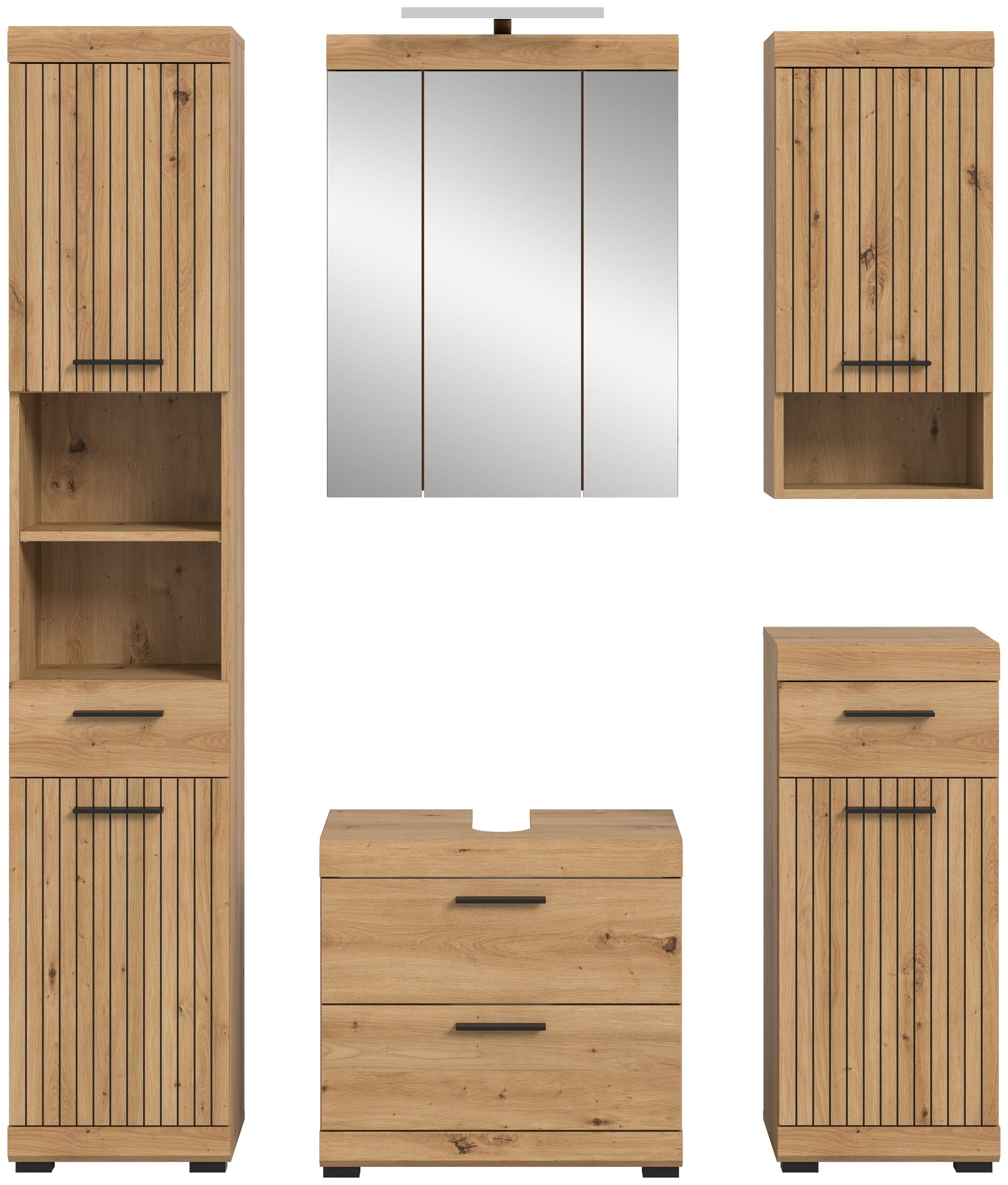 Badezimmerset 5-tlg. in heller Holzoptik: Hochschränke, Waschkommode und Spiegelschrank