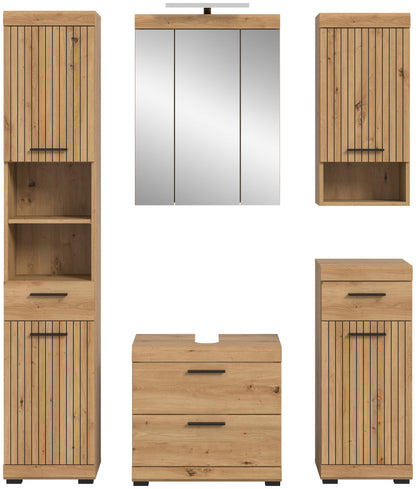 Badezimmerset 5-tlg. in heller Holzoptik: Hochschränke, Waschkommode und Spiegelschrank
