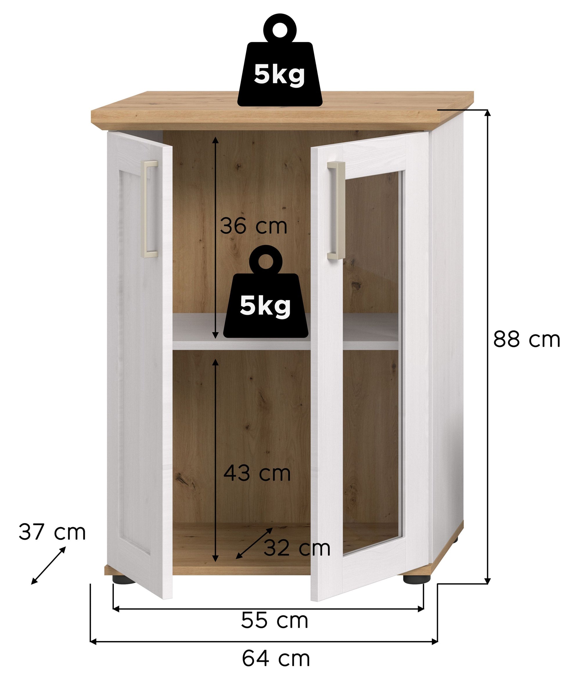 Schrankvitrine Landhausstil mit Maßen: 88 cm hoch, 64 cm breit, Traglast 5 kg