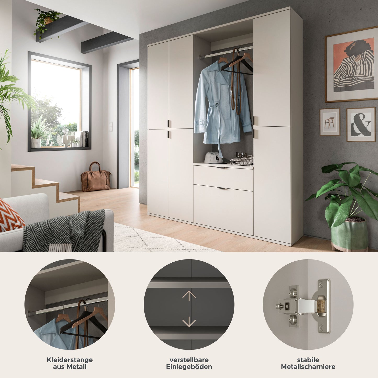 Garderobenschrank im Set-Look, weiß, Details zu Einlegeböden, verstellbarer Einrichtung und Beschlägen