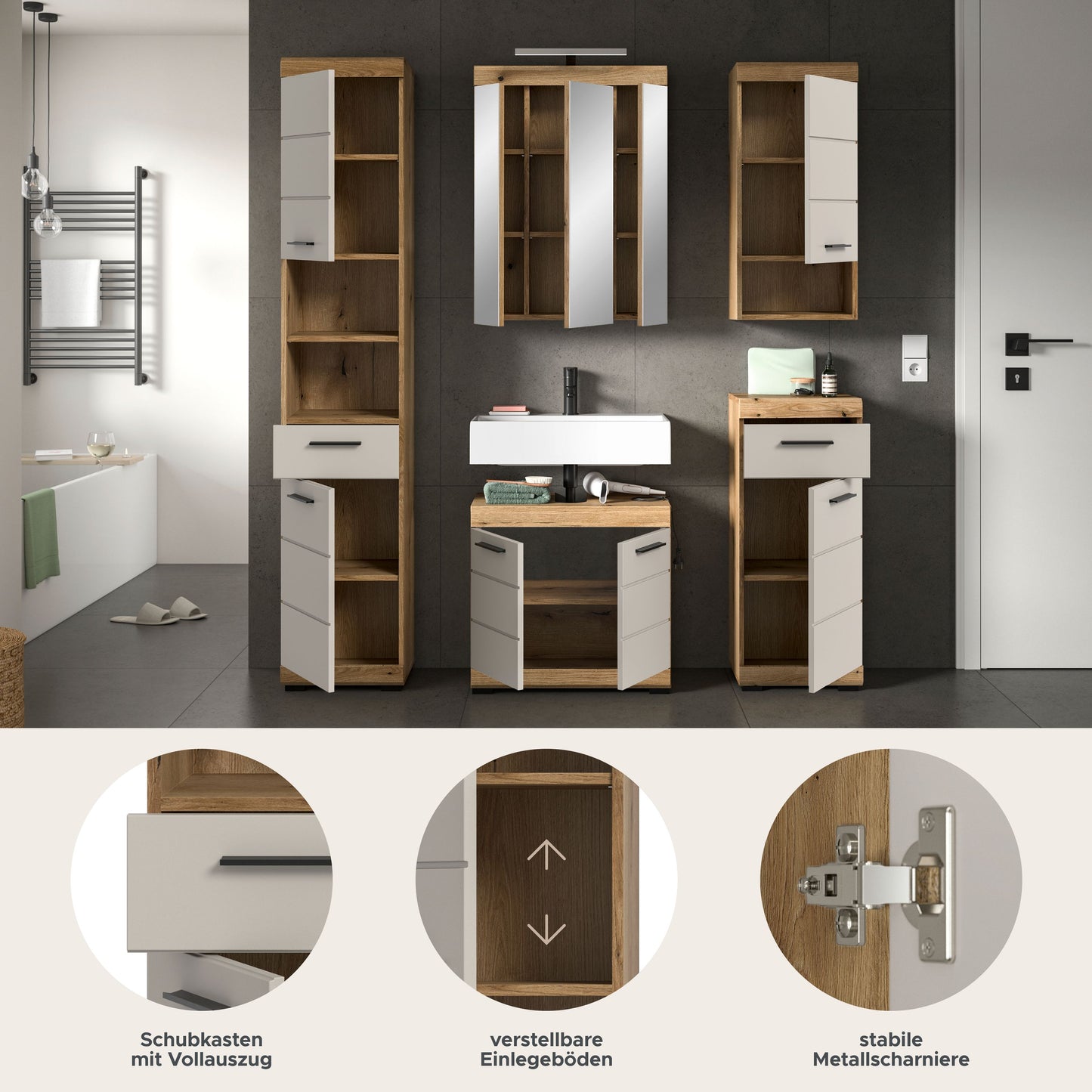 Badezimmerset mit Details an Schubkasten, verstellbarem Einlegeboden und Metallbefestigung