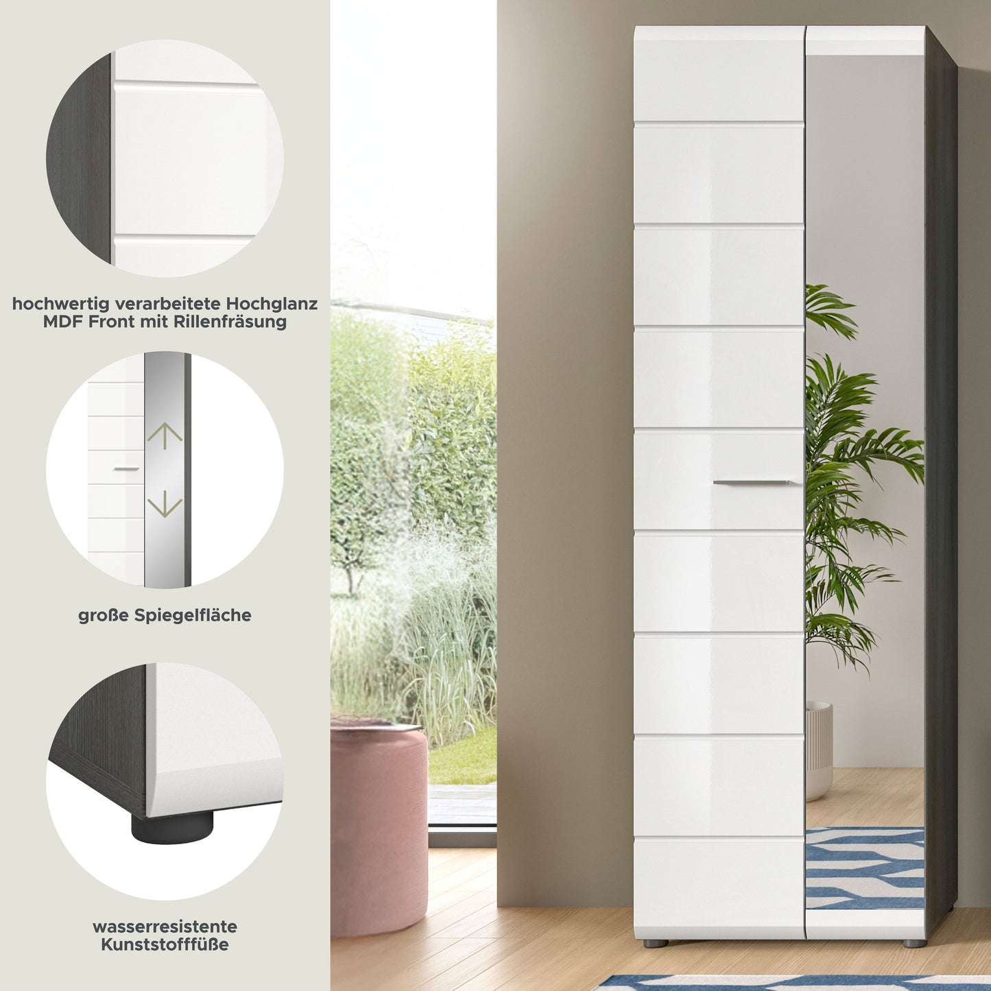 Garderobenschrank mit Spiegel, weißer Hochglanz, große Spiegelfläche