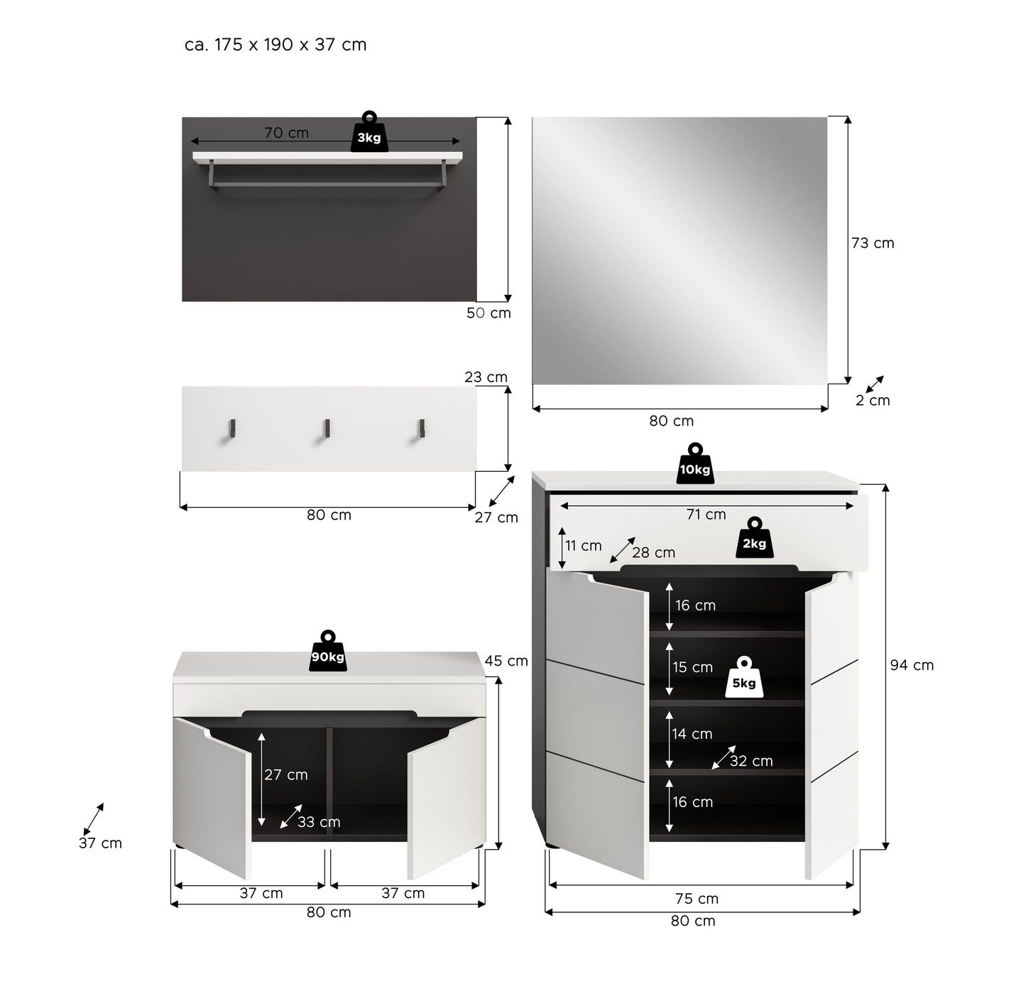 Ensemble de meuble d'entrée CANU (l/h/p : env. 175/190/37 cm) en gris basalte/vert fumée