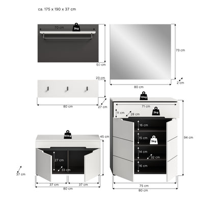 Ensemble de meuble d'entrée CANU (l/h/p : env. 175/190/37 cm) en gris basalte/vert fumée