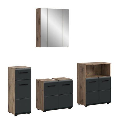 4-tlg. Badezimmermöbel-Set mit Spiegelschrank und Unterschränken, Eiche hell & Anthrazit