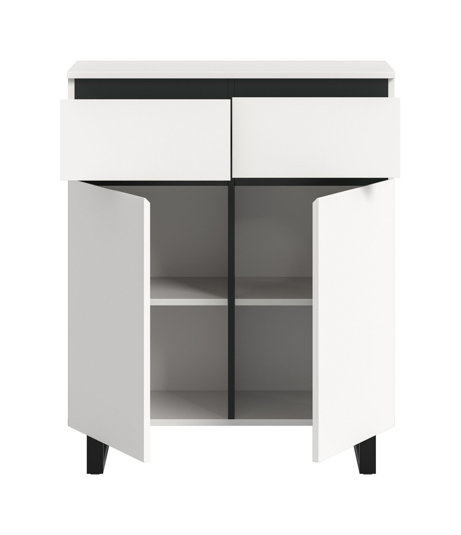 Kommode 80 cm weiß, geöffnete Türen mit zwei Innenfächern, schwarze Füße