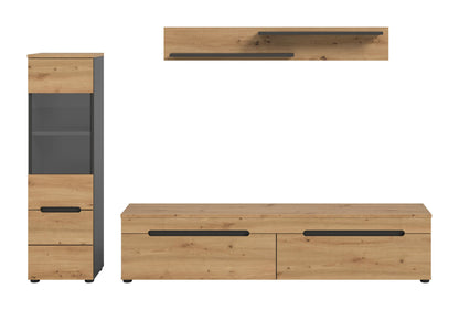 Wohnwand-Set: Lowboard aus Holzoptik mit zwei Türen und Schubladen, Basalt-Grau