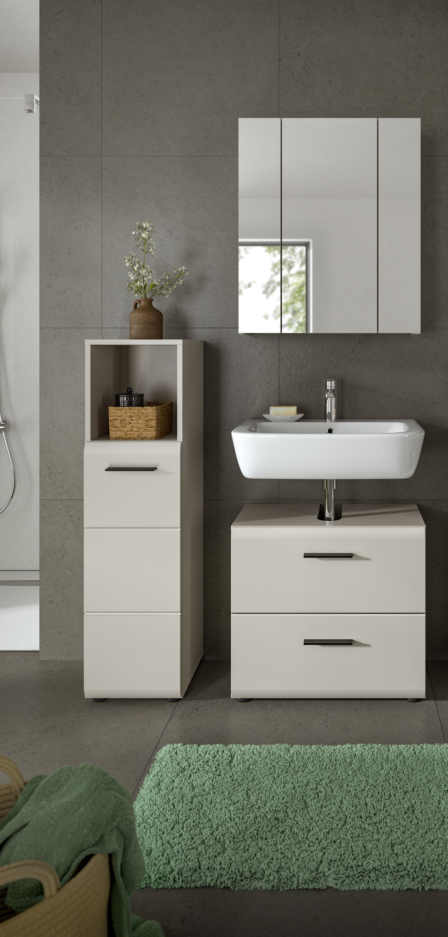 Badezimmer-Set (3-tlg.): Hochschrank und Waschtischunterschrank in Weiß mit grauen Akzenten