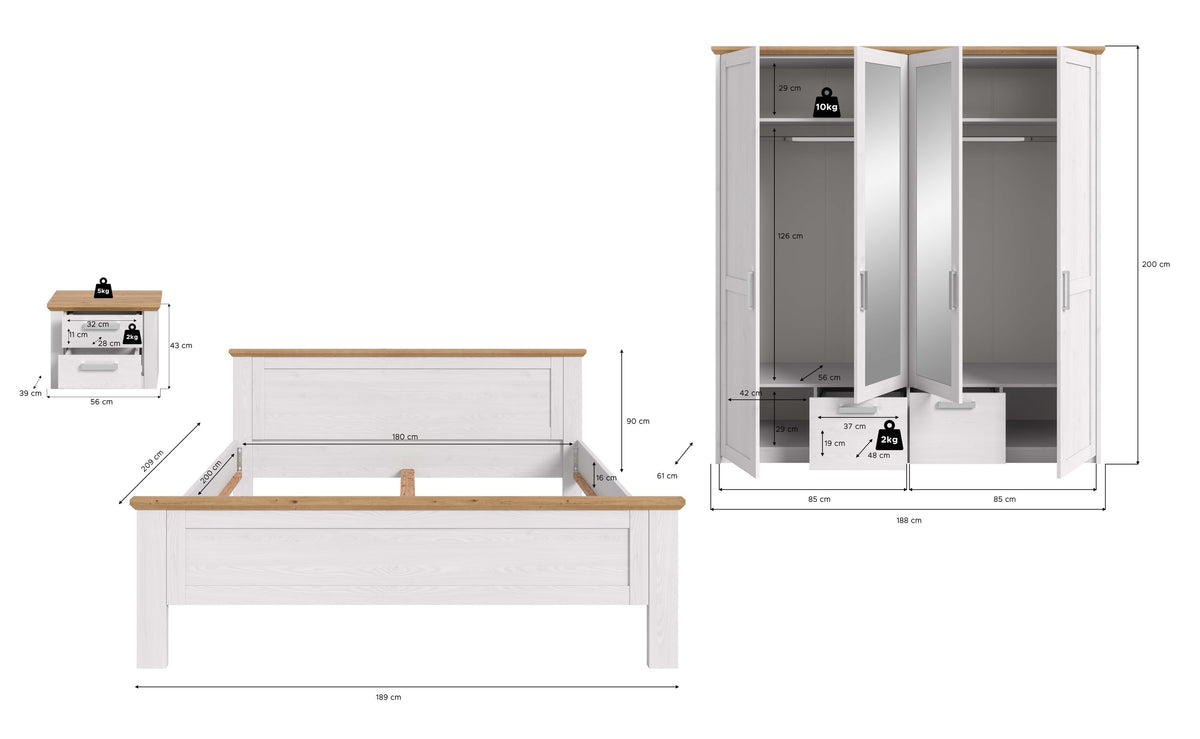 Homes & Jones Bett 180x200cm inkl. 1 Nachtkommode und Kleiderschrank