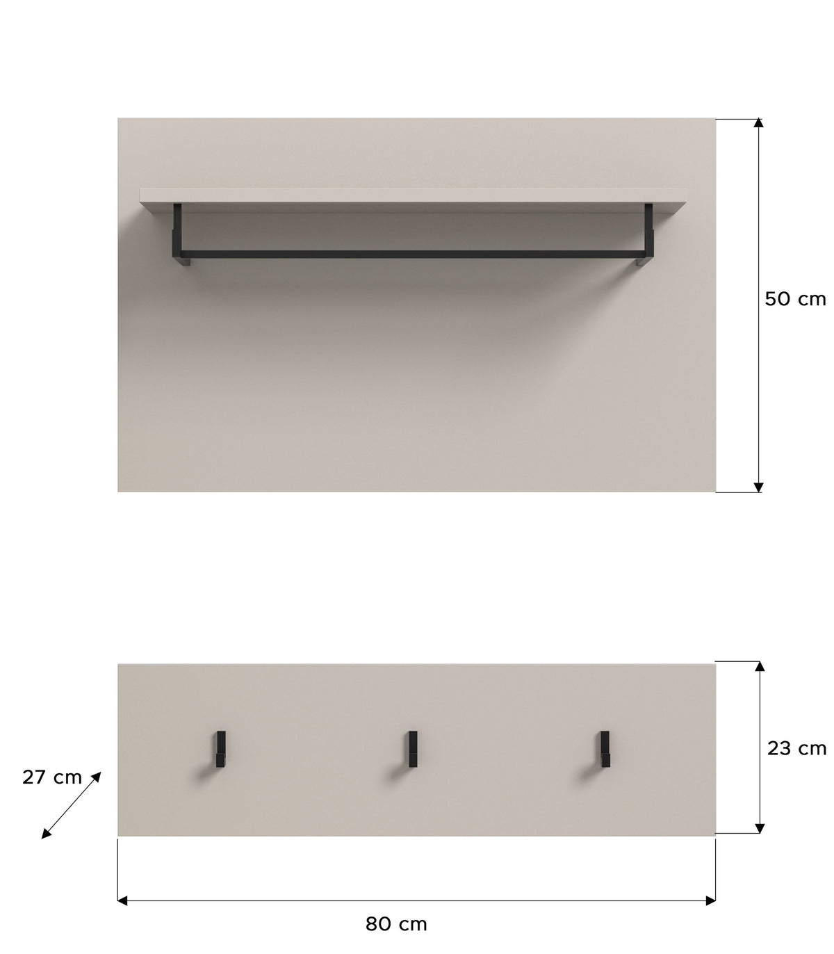 Garderobenwand graue Oberfläche mit Hutablage und drei Haken, ca. 80 cm breit
