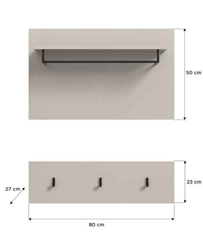 Garderobenwand graue Oberfläche mit Hutablage und drei Haken, ca. 80 cm breit