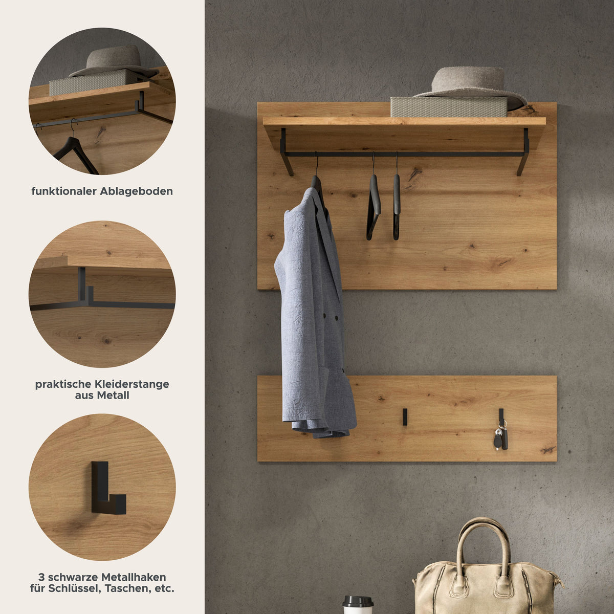 Homes & Jones Garderobe-Set aus Holz mit Hutablage und Kleiderhaken, 2-teilig