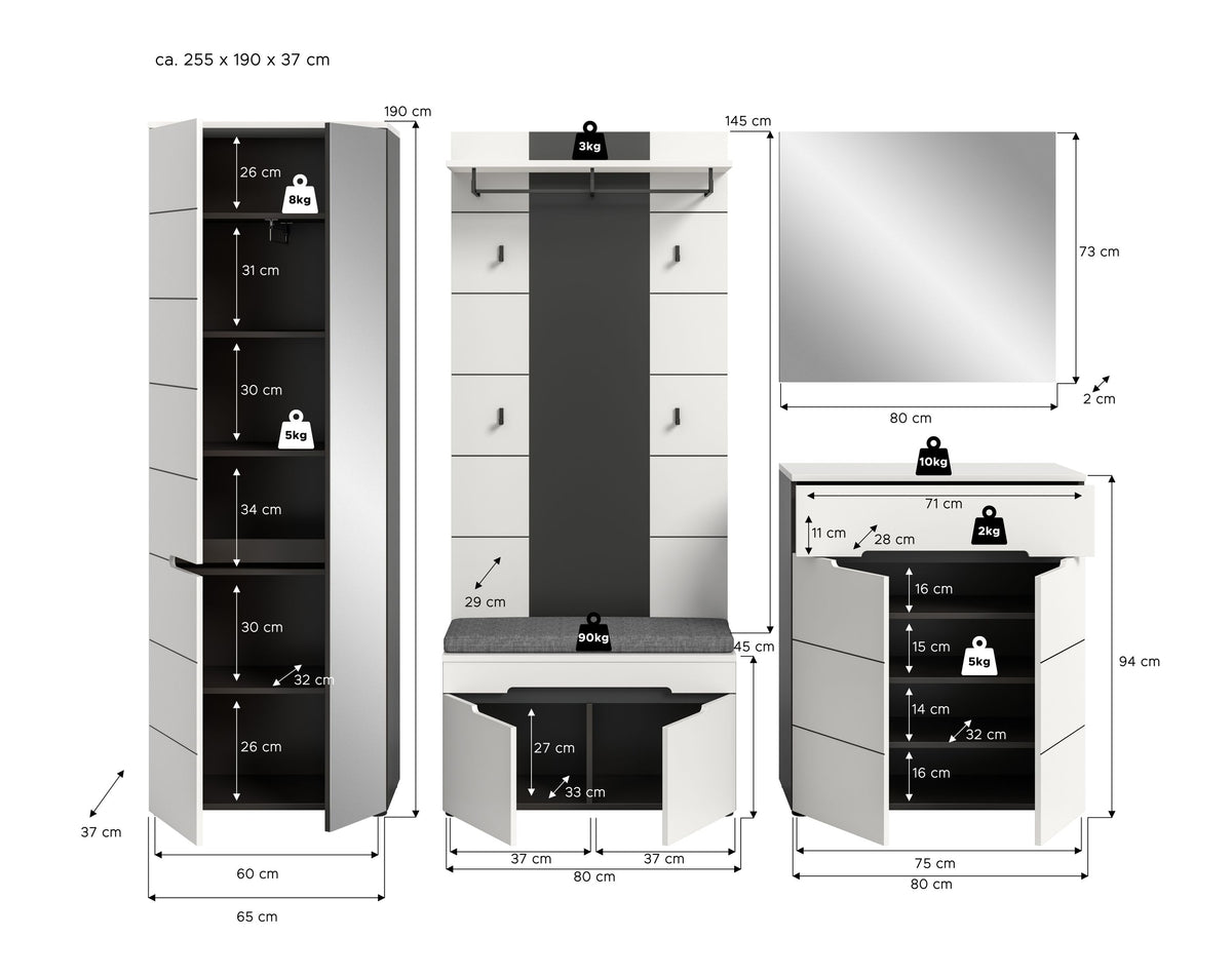 CANU wardrobe set incl. seat cushion (W/H/D: approx. 255/190/37 cm) in Basalt grey/Smoke Green