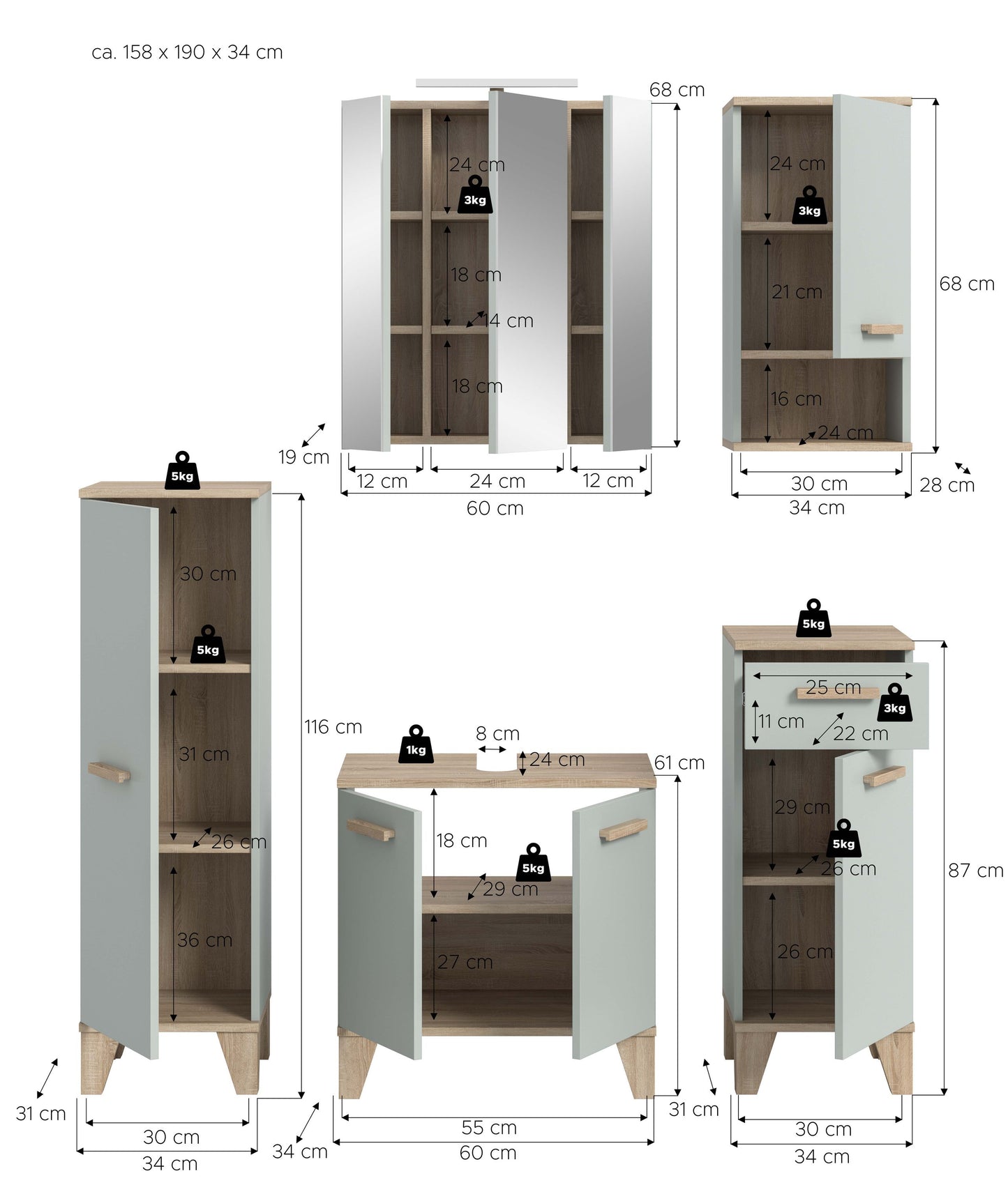 Ensemble de salle de bain avec éclairage STAR (L/H/P : env. 158/190/34 cm) en vert clair/vert clair