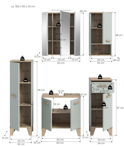 Ensemble de salle de bain avec éclairage STAR (L/H/P : env. 158/190/34 cm) en vert clair/vert clair
