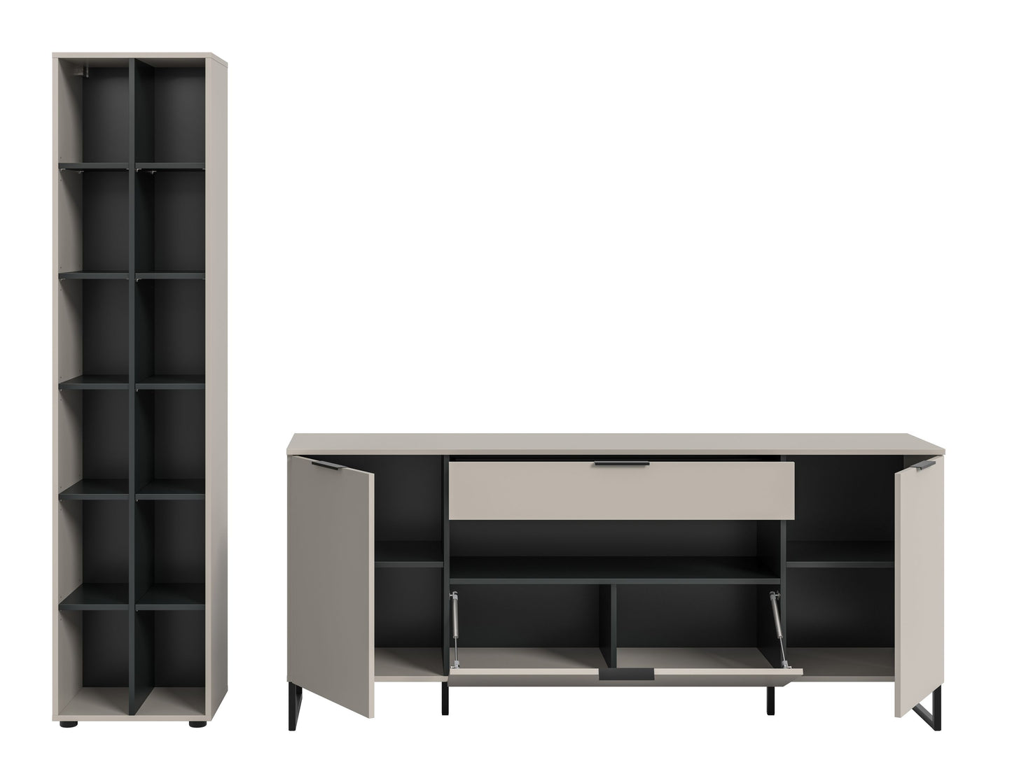 Homes & Jones Wohnwand-Set: Sideboard mit geöffnetem Klappfach und hohem Regalschrank