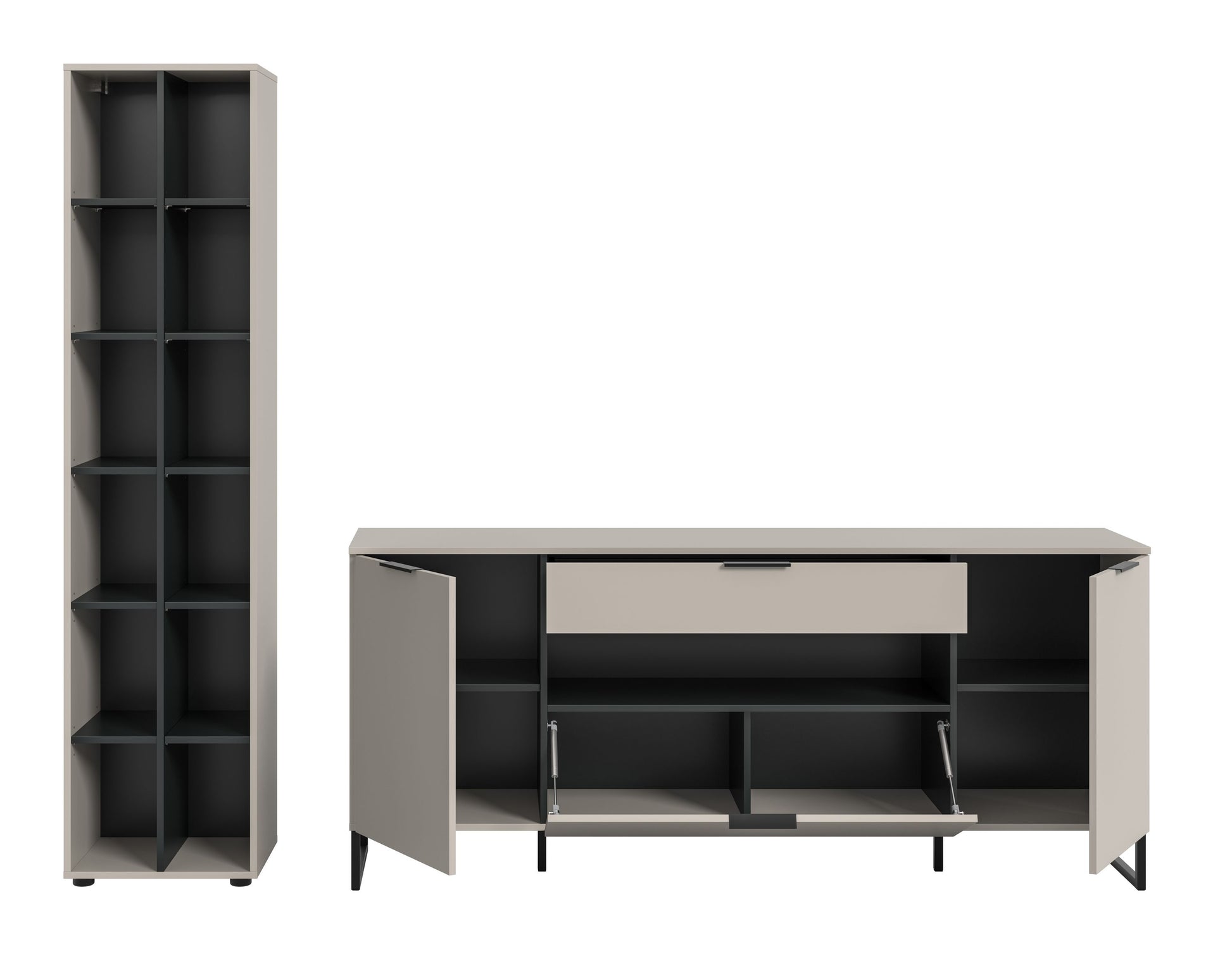 Homes & Jones Wohnwand-Set: Sideboard mit geöffnetem Klappfach und hohem Regalschrank
