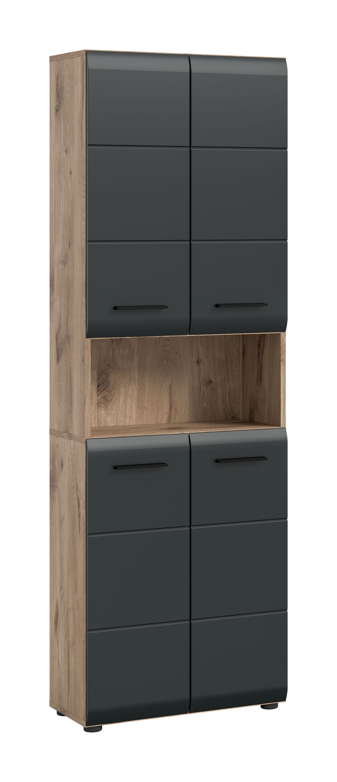 Badezimmerhochschrank mit Holzseiten und dunkelgrauen Fronttüren sowie Einlegefächern