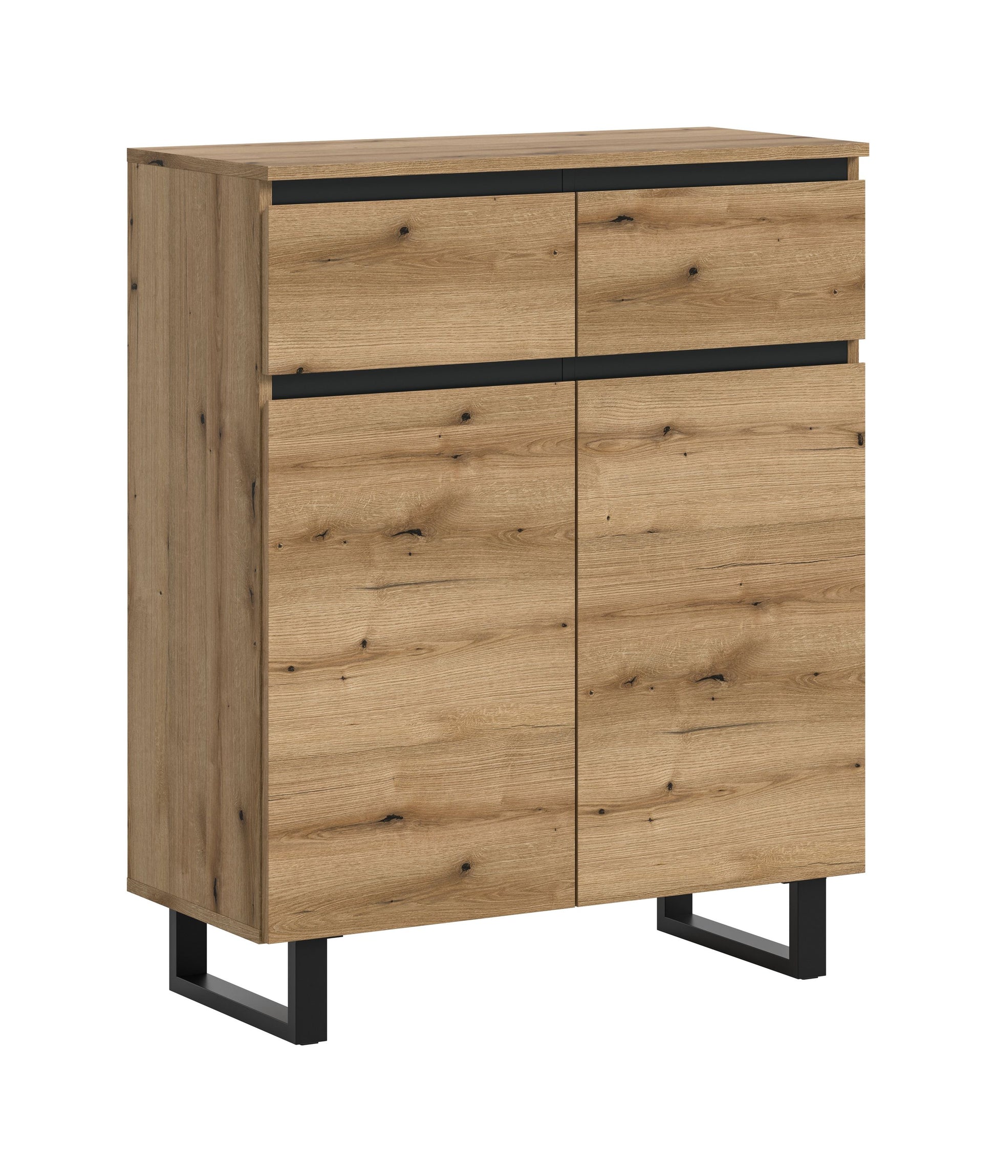 Kommode 80 cm in Eichefarben, zwei Türen und zwei Schubladen, schwarze Füße