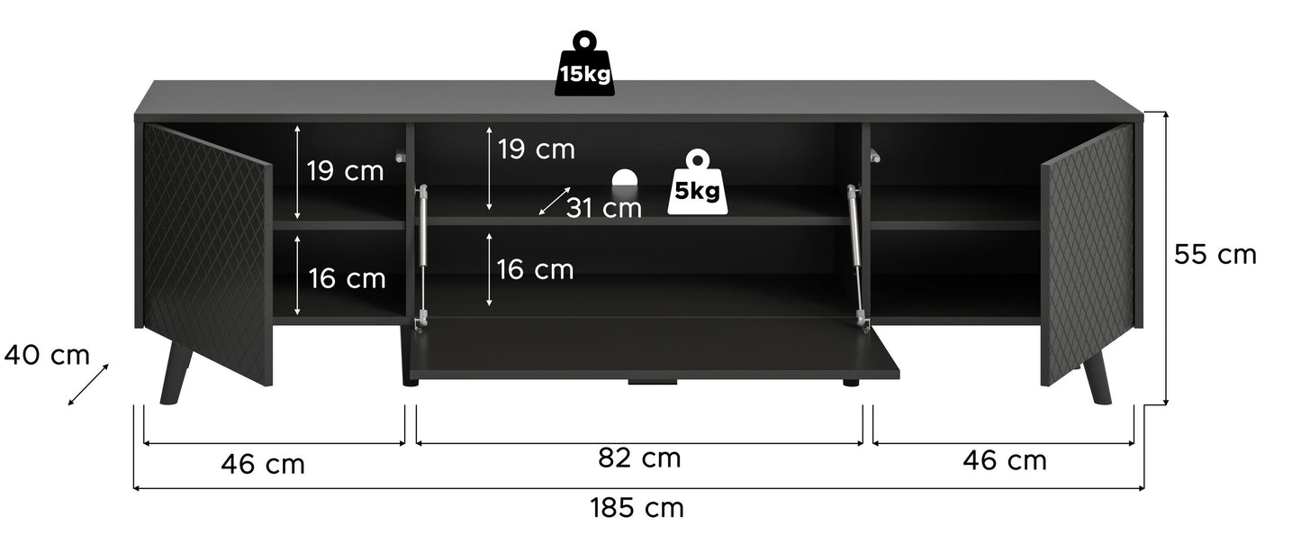 Lowboard grau matt, ca. Maße 185×55×40 cm, Innenfächer hinter Türen